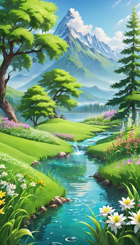 green grass water a tree mountains and flowers