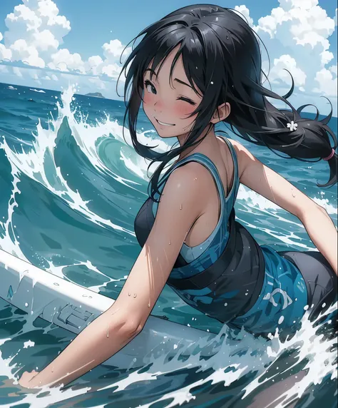 (masterpiece、highest quality、highest quality、official art、beautiful beautiful:1.2)、(1 girl:1.3)Hatsune Miku、twin tails,big breasts,masterpiece、look up from below、surfing、Let&#39;s ride the waves on a surfboard、nice balance、boyish girl、Redhead and wheat-col...