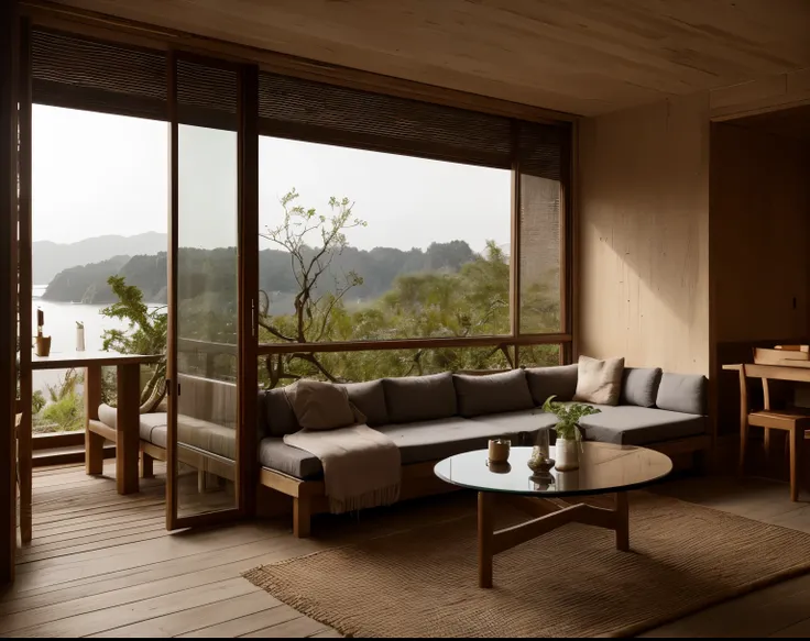 wabi sabi livingroom interior, large glass window, garden outside, dinning table and chải, couch, rough-hewn wood coffee table, ...