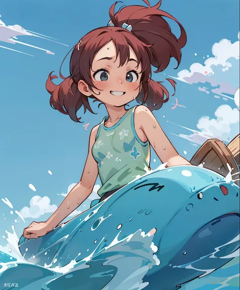 (masterpiece、highest quality、highest quality、official art、beautiful beautiful:1.2)、(1 girl:1.3)Hatsune Miku、twin tails,big breasts,masterpiece、look up from below、surfing、Let&#39;s ride the waves on a surfboard、nice balance、boyish girl、Redhead and wheat-col...