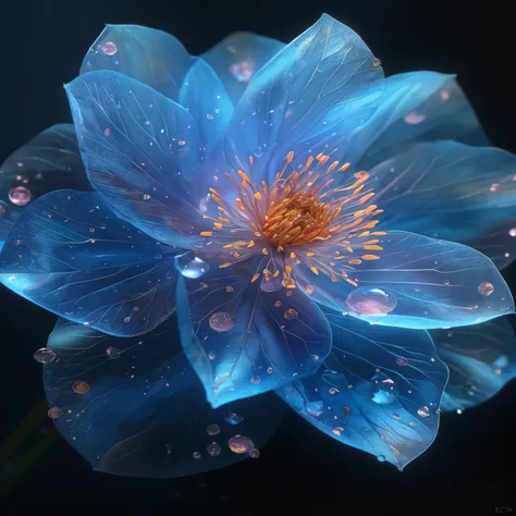 Close-up of many blue flowers，There are water drops on it, glowing delicate flowers, blue-petals, Beautiful flowers, Beautiful composition 3-d 4k, glowing flower, magical flowers, Blue realistic 3D rendering, alien flower, ethereal beauty, Surreal Flowers ...