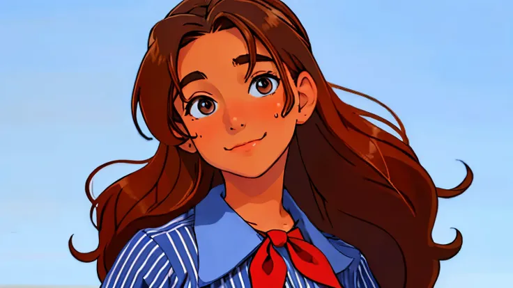 abby Shapiro , bust, tan skin, brown hair, long hair, red neckerchief, small breasts, head cocked, sweaty, small smile, white pinstripe shirt , masterpiece, best quality solid blue color background