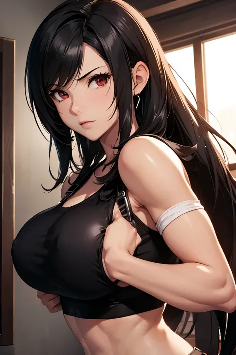 Final Fantasy (Tifa Lockhart), glossy skin, abs, long black hair, white sleeveless shirt, big breasts, sexy, sports bra, touching her breast, changing clothes