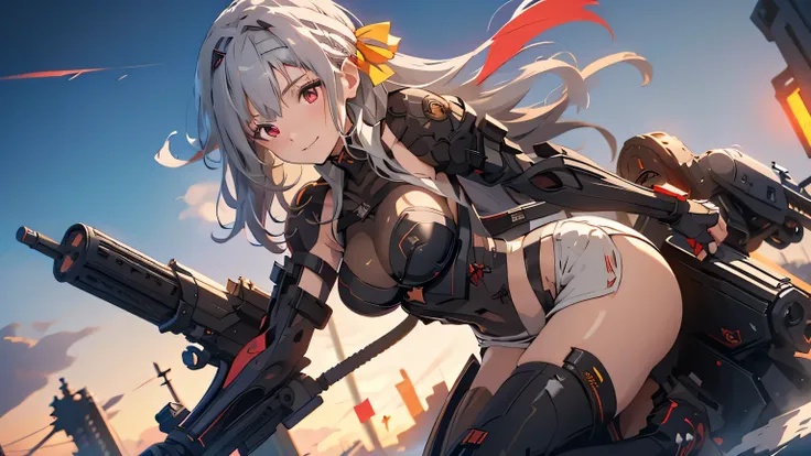 1 girl, tie up hair, left side swept hair, long gray hair, red eyes, innocent smile, black mech armor, cool and sexy face, black thigh knee sock, 8, Sharp face, Yellow ribbon at the ear, battlefield, outside, head bondage, black steel boot, standing, , mod...