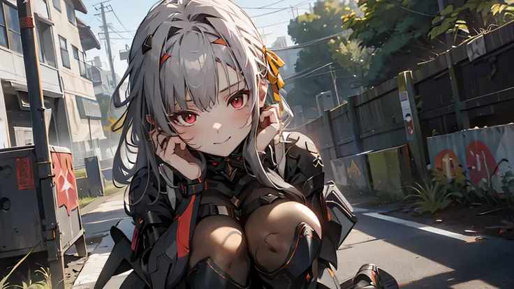 1 girl, tie up hair, left side swept hair, long gray hair, red eyes, innocent smile, black mech armor, cool and sexy face, black...