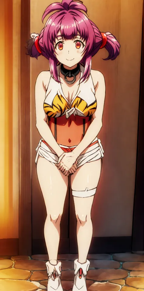 (white background)) 1girl solo full body standing looking to the camera, lustful smirking smile face red cheeks hands behind the head yellow tiger bikini print, hands on hips