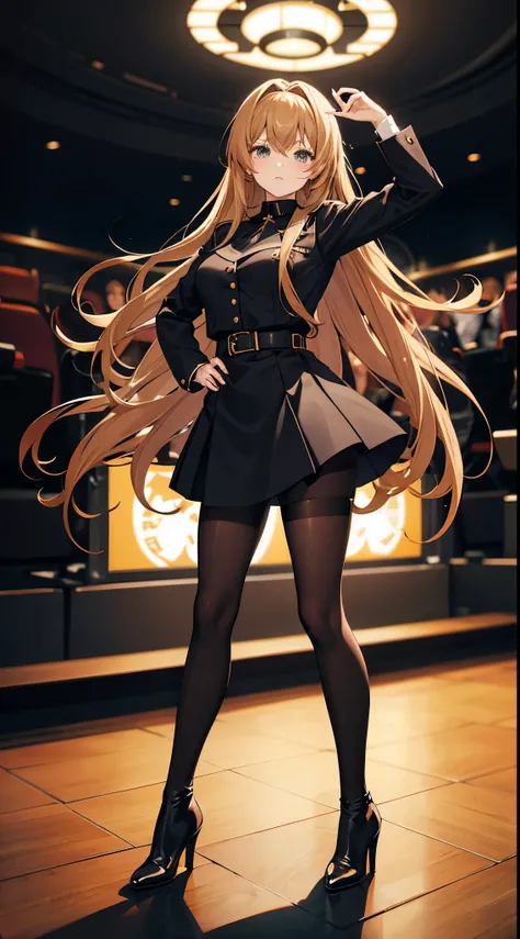 Anime woman with brown blonde hair wearing a black skirt, pantyhose and high heel boots it a cinema