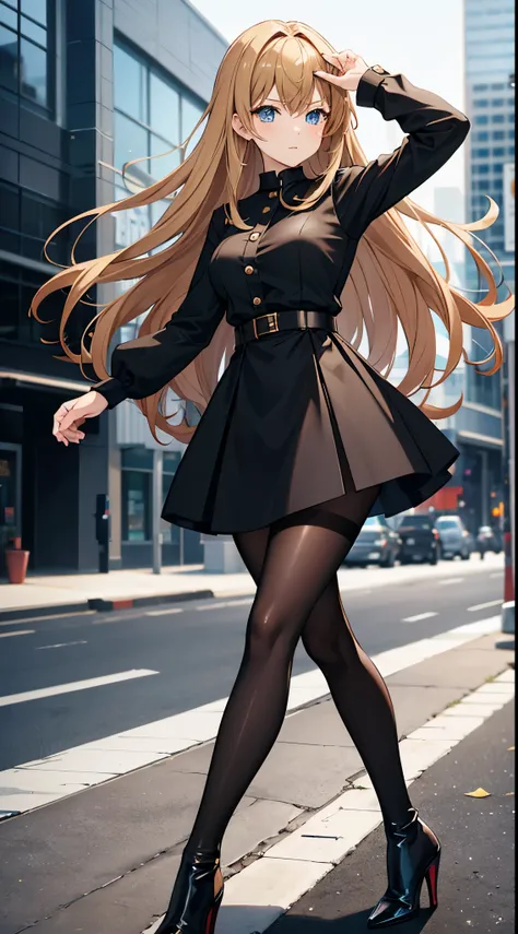 Anime woman with brown blonde hair wearing a black skirt, pantyhose and high heel boots it a cinema