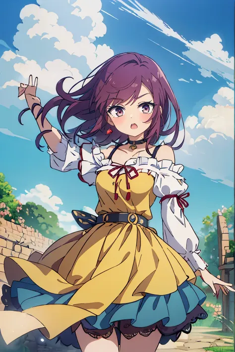 masutepiece, Best Quality, Ultra-detailed, kisho, jigokuraku, 1 girl, reddish Purple hair, Gray eyes, showa town, fantasy world, ruins, fort, beautiful sky, shining sky, sunshine, waving, hair ribbon, belt, choker, black choker, wind blowing dress, lace dr...