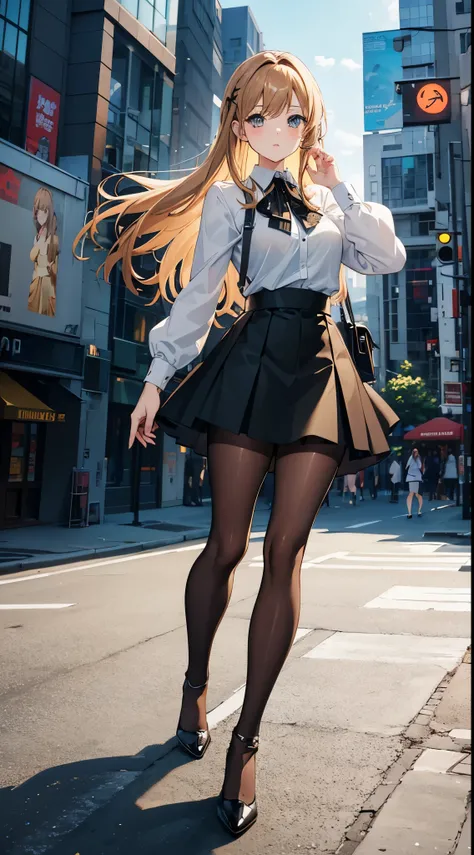 Anime woman with brown blonde hair wearing a white collared shirt, a black skirt, pantyhose and high heel boots it a cinema