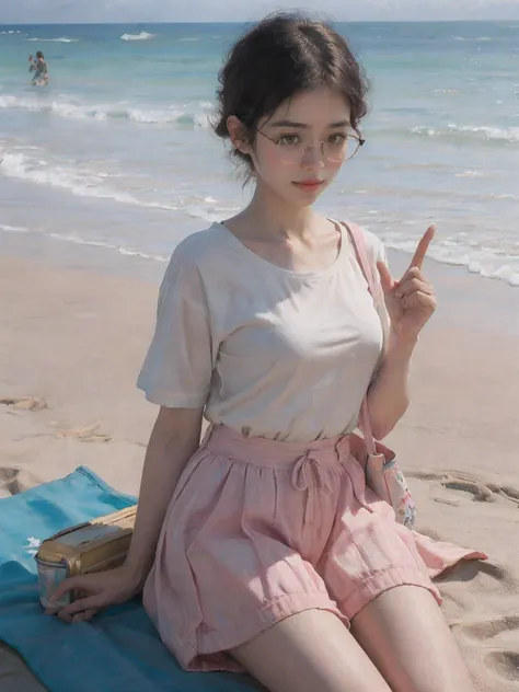 masterpiece, best quality, 1 girl, beach, sitting on a beach towel, short hair, Glasses, t-shirt, shorts, cap, blush, summer, soda can, Bag,Thumb up the middle finger