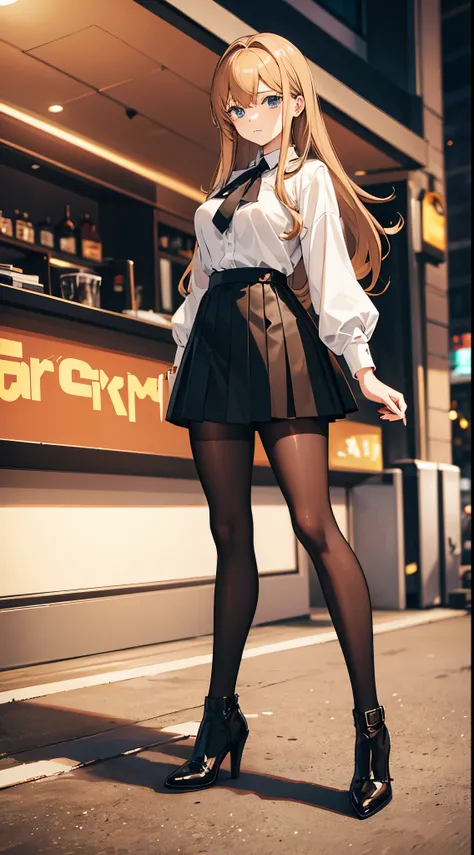 Anime woman with brown blonde hair wearing a white collared shirt, a black skirt, pantyhose and high heel boots it a cinema