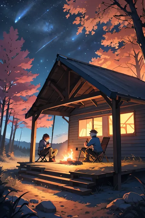 Anime - Ghilbi vibes, young boys highschool sit, camping in the under of trees, the nigh sky, beautiful sky, fire,cloudy, ultra hd, 8K, detailed, masterpeiece, 