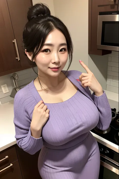 Beautiful, mother-in-law, japanese, voluptuous,  maxi knit dress, In the kitchen, seductive expression, bun hair