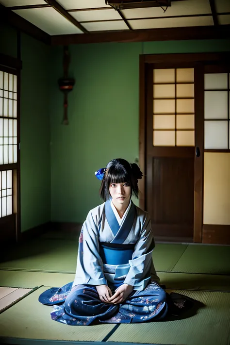 Japanese anime style。A girl is sitting in the center of a Japanese-style room in an abandoned house.、wearing a kimono。His face is pale and his scary eyes are large and dark.。