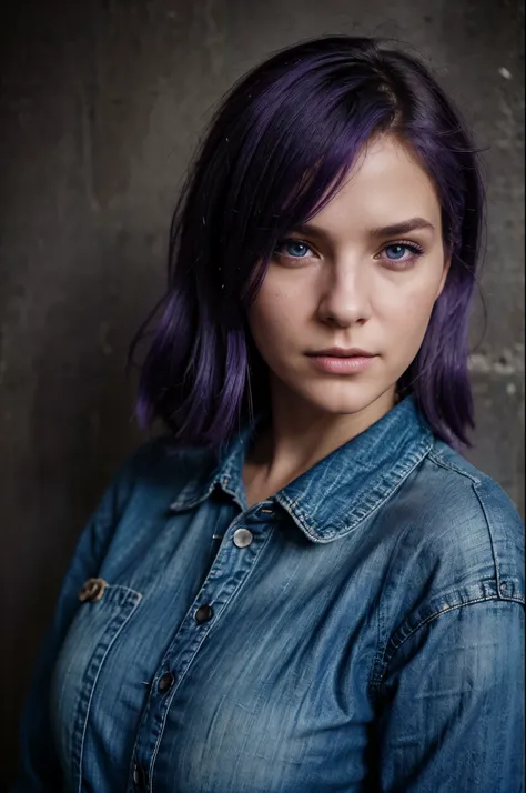 Photograph of a woman, (cute expression), ultra-textured leather, face looking at camera, full face, goosebumps, purple hair, denim shirt, Perfect eyes, (Soft lighting), Porta 160 color, shot with Leica T, hips, sharp focus on the subject, photograph of Ca...