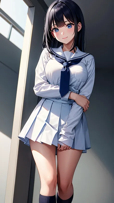 photo of sexy 1girl, tall,leggy,smile,standing in neat rows, in the school gymnasium,
wearing white (basic school sailor uniform), long sleeve, blue sailor collar, shiny blue tie pleated blue_mini_skirt, beautiful eyes, shiny black hair,navy short socks, f...