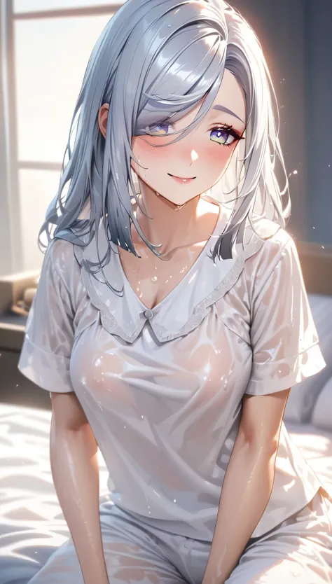 shenhe, long grey hair, beautiful face,smiling,close up to hips, moderate breast:1.1,sitting on a bed,wearing white pajamas, (open mouth:0.4),illustration,detailed textures,ultra-detailed(realistic),portrait style,vivid colors,soft lighting. blushing,, wet...