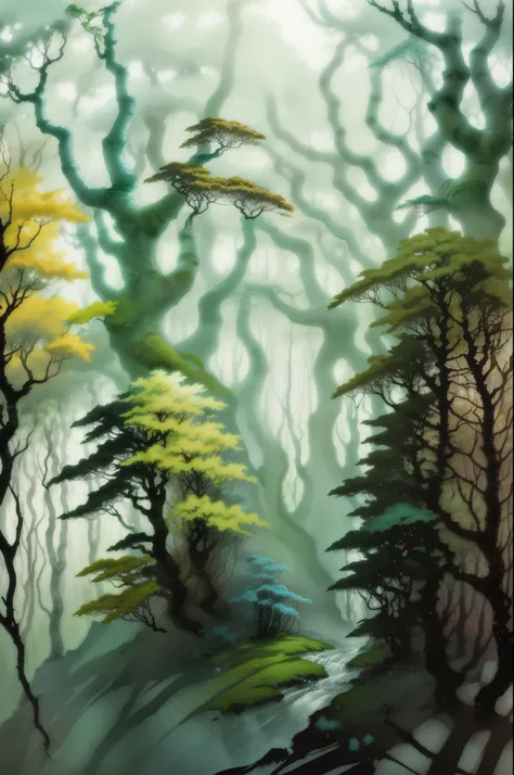 Miyazaki-style artwork of a mystical forest, towering ancient trees shrouded in mist, colorful flora and fauna, gentle sunlight filtering through the canopy, a serene ambiance with no human presence, creating a sense of wonder and magic, painted in a dream...