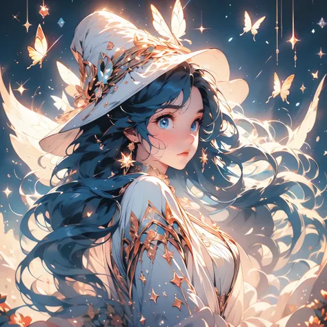 best quality，masterpiece，16k，1girl,aurora,blue eyes,blue hair,constellation,constellation print,diffraction spikes,dress,earrings,earth (planet),fireworks,galaxy,glint,hat,jewelry,light particles,light rays,light trail,long hair,Energy circle,Magic Formati...