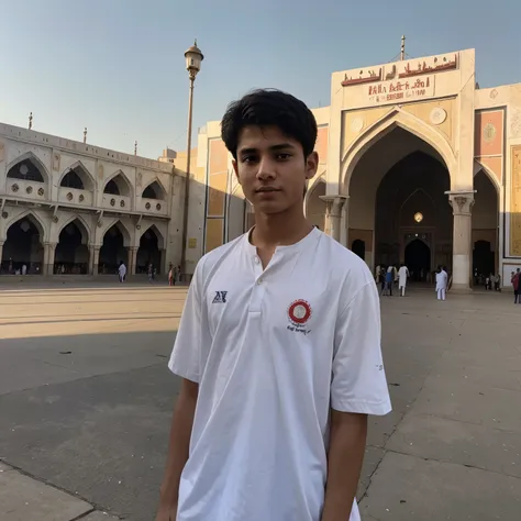 A boy of 18 years old was standing in front of madina. The name of the boy is "IMRAN FARHAT KHAN❤️".