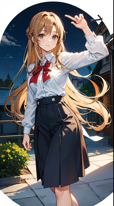 Asuna from Sword Art Online with light brown hair wearing a school uniform