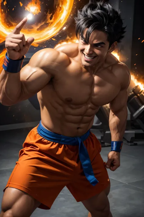 ((Obra maestra)), ((Mejor calidad:1.2)), high resolution, 8K, (ultra_realista:1.3), (photorealista:1.4), (modelo de instagram, elegante:1.2), Goku tiene cabello negro y puntiagudo que se levanta hacia arriba en varios picos, un rostro ovalado con ojos gran...