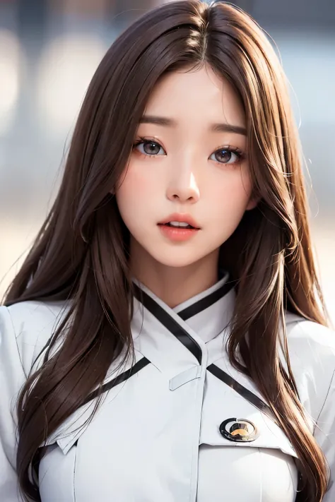 Girl, long soft brown hair, gray eyes, sharp features, white skin, winter uniform