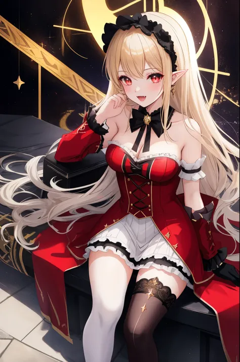 1girl, blonde hair, ((red eyes)), ((pointy ears)), ((red dress)), ((fangs)), female, pale white skin, female_only, footwear, long gloves, gloves, headdress, headwear, knee up, very long hair, looking at viewer, solo, thigh boots, thighhighs thighs, very lo...