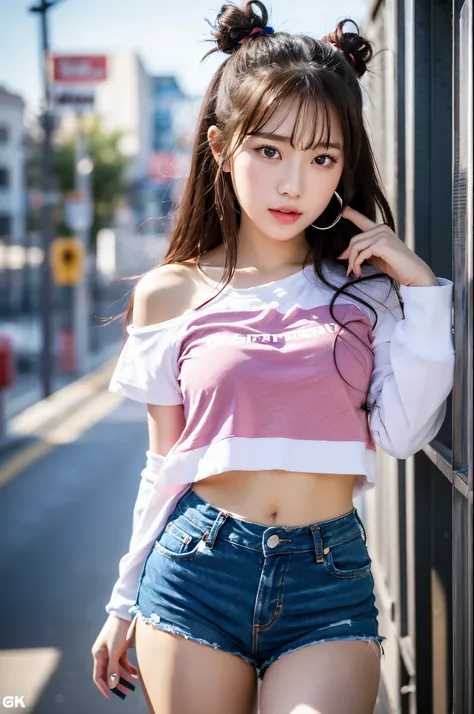 ulzzang-6500-v1.1, (RAW photo:1.2), (photogenuineistic), ( genuine: 1.4), (muste piece), ((highest quality, 8k, masterpiece: 1.3)), sharp focus: 1.5, The beauty of fluorescent tops, shorts, Gorgeous gravure idol, pink eyeliner under the eyes, Small devil, ...