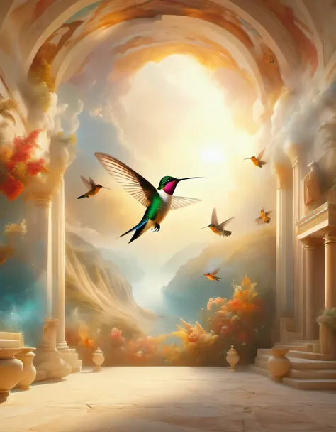 Hummingbird fresco art style, beautiful paintings, marvelous realism, imagination, ethereal fantasy, installation art, Minoan frescoes by Valerio Olgiati, captivating ambiance, Unreal Engine, octane rendering, rendering with octane, Corona rendering, V-Ray...