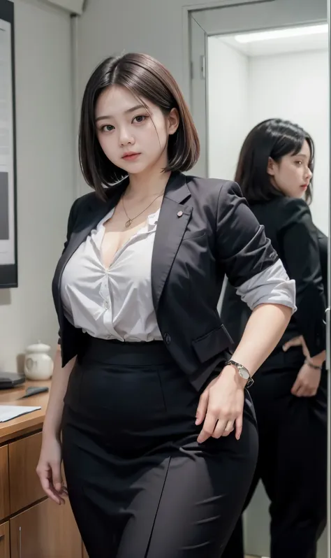 realisitic、Curvaceous woman standing alone, Woman in black business suit, with a business suit on, businesswoman, Woman in business suit, Wearing a white collar shirt under a suit、thick skirt、tight skirts、Girl in a suit, female in tight office dress, , Gir...