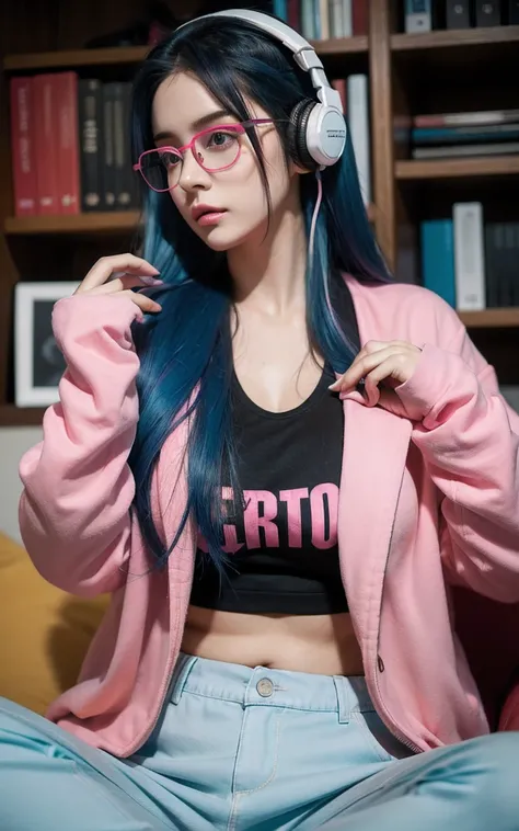 Beautiful woman, huge big breast, long hair, neon blue hair, using headphones, red eyes, glasses, pink jacket, pants, room, detailed eyes, random pose
