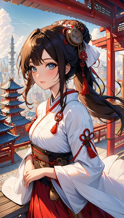 (best quality), girl,Oriental detailed background, Oriental cityscape, Steampunk, shrine maiden