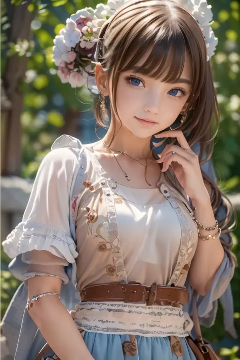 ((sfw: 1.4)), (sfw,She is wearing a long white embroidered skirt, a red blouse with lace, a white apron tied around her waist, blue socks, and brown leather shoes.A blue scarf is on her head. Yes, her accessories include necklaces, earrings, and bracelets....