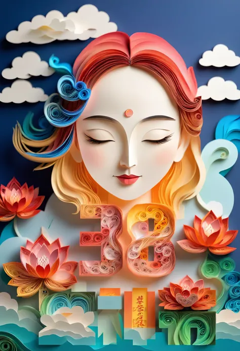 (number art, paper art,layered paper art,paper quilling,paper-cut,paper sculpture)，(girl face:1.5),mountains, tree, river，flowers，lotus， (Oriental elements, Chinese color, Advanced color matching),(3D sculpture，Render by Octane，Volumetric light), (Loss of ...