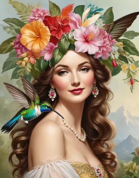 in the 19th century，European and American women often use hummingbird feathers as hat accessories，and a hummingbird alighting on the bouquet