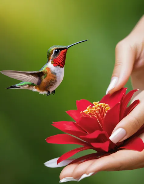 A red hummingbird on the tip of a beautiful woman&#39;s hand，