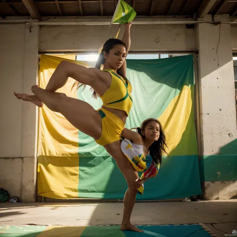 (best quality,4k,8k,highres,masterpiece:1.2),ultra-detailed,(realistic,photorealistic,photo-realistic:1.37),Capoeirista,flag of Maranhão,energetic,movement,dynamic,detailed,athletic,skilled,graceful,agile,expressive,strength,flexibility,capoeira roda,tradi...