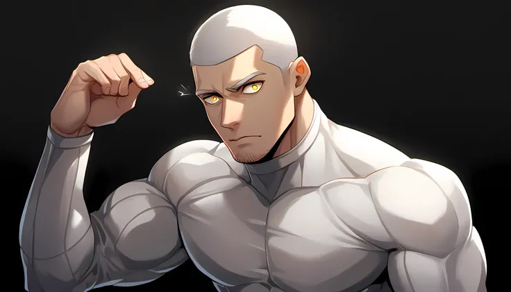 1 young muscular man, male focus, White turtleneck compression pantyhose, white hair, buzz clip，muscular male, muscular, only, Upper body, alone, white short hair, stubble, yellow eyes, black background, simple background, amazing quality, best aesthetics,...