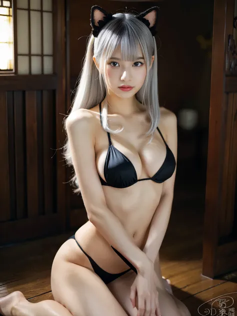 Realistic、masterpiece、Award-winning work、high-resolution、Arafi image of a woman wearing a black bikini and cat ears, seductive anime girl, sexy girl, perfect white haired girl, sexy pose, attractive pose, attractive anime girl, japanese goddess, korean gir...