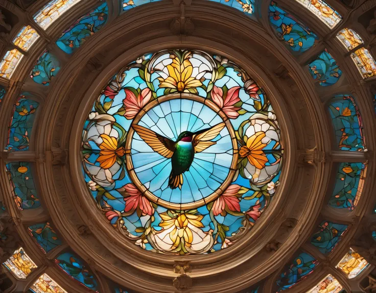 fresco art style of Gorgeous church dome glass carving beautiful hummingbird,octane render,Corona Render,V-Ray,high detail,trending on artstation,hyperrealism,HD,16K,Kawaii,Sandpainting,Lithophane,Light Painting,Photo gravure,super wide angle,Bottom view,d...