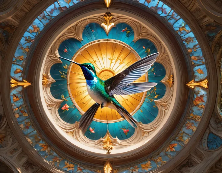 fresco art style of Gorgeous church dome glass carving beautiful hummingbird,octane render,Corona Render,V-Ray,high detail,trending on artstation,hyperrealism,HD,16K,Kawaii,Sandpainting,Lithophane,Light Painting,Photo gravure,super wide angle,Bottom view,d...