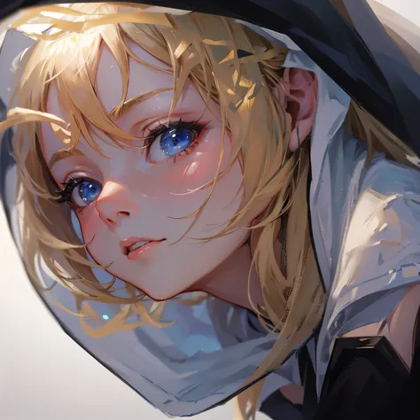 blonde hair、shortcut、Close-up of a woman with a hood on her head, high detailed face anime, pretty anime face, beautiful anime face, detailed anime face, stunning anime face portrait, perfect anime face, detailed anime soft face, anime face, Anime style 3D...