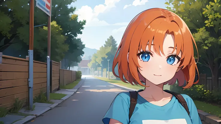 (1 girl), rûuguu horseradish, orange medium hair, blue eyes, t-shirt, denim shorts