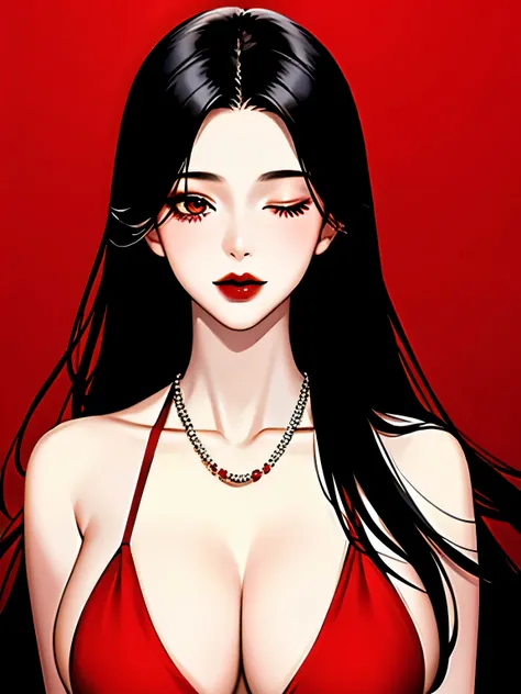 1 girl, alone, jewelry, black hair, necklace, red lips, long hair, closed my eyes, Lipstick, compensate, Upper body, closed mouth, 赤いdress, hair above one eye, clavicle, dress,red theme,evil woman, big breasts,shiny skin,(mature woman),