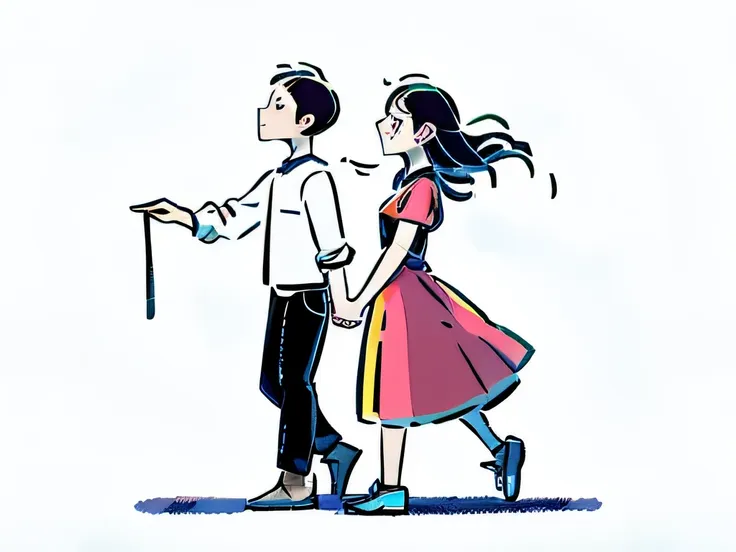 side view illustration of a couple holding each others hands walking through tall grasss,