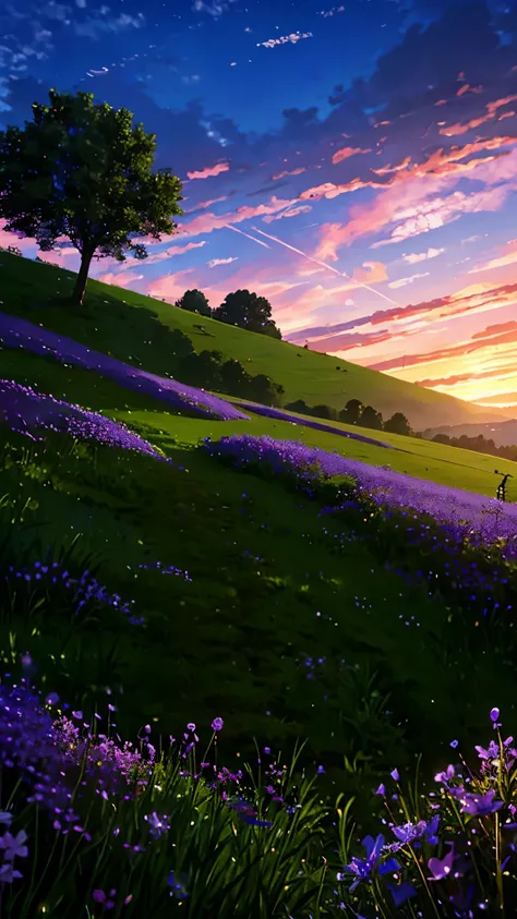 A beautiful evening scenario of a field with a valley , some trees and small purple flowers 