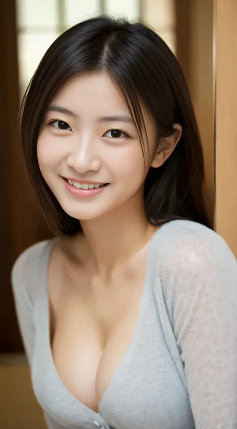 masterpiece,best quality,(Japanese ),((Beautiful girl)),cleavage,indoor,(perfect body beauty:1.2),(shy smile),beautiful teeth,