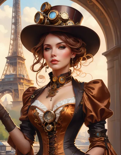 photo of (( )), wearing elegant dress steampunk items, modern day in Paris , intricate, elegant, highly detailed, digital painting, artstation, concept art, smooth, sharp focus, illu0.8ation, art by artgerm and greg rutkowski and alphonse mucha